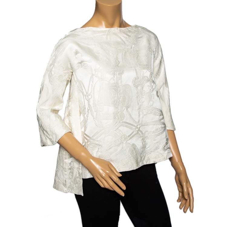 Pre Owned Hermes Cream Jacquard Silk Side Slit Round Neck Top S