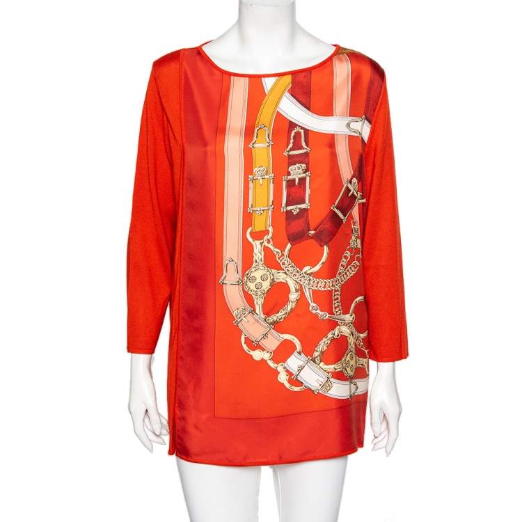 Pre Owned Hermes Burnt Orange Printed Silk & Knit Long Sleeve Top L