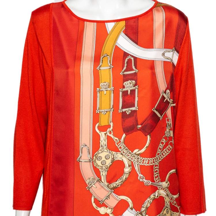 Pre Owned Hermes Burnt Orange Printed Silk & Knit Long Sleeve Top L
