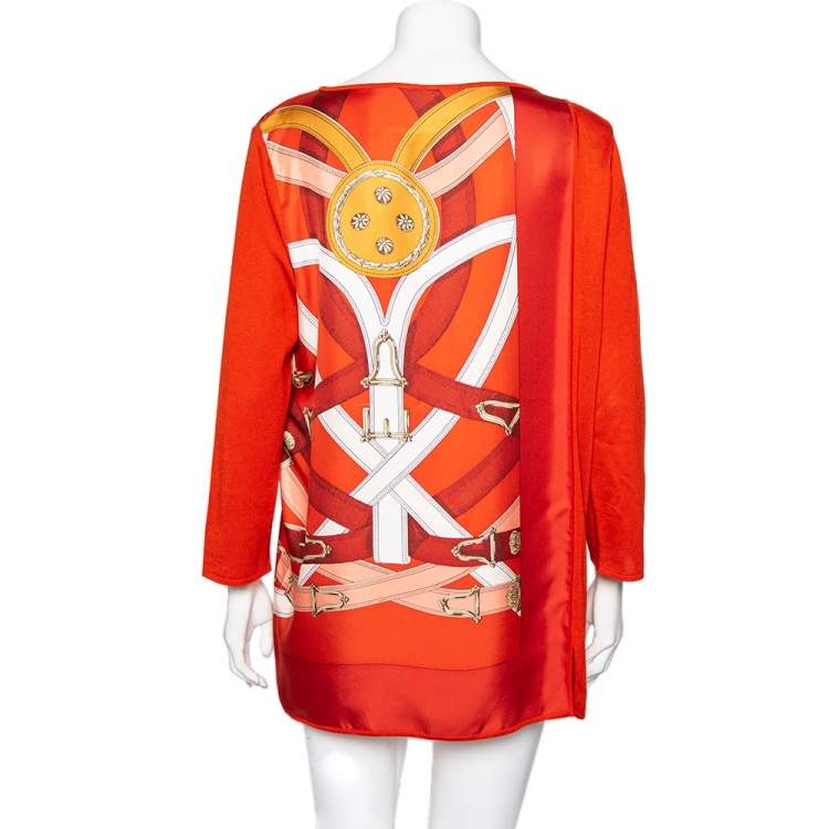 Pre Owned Hermes Burnt Orange Printed Silk & Knit Long Sleeve Top L