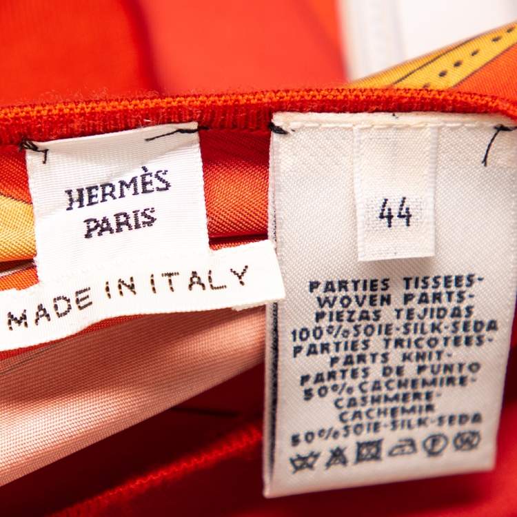 Pre Owned Hermes Burnt Orange Printed Silk & Knit Long Sleeve Top L