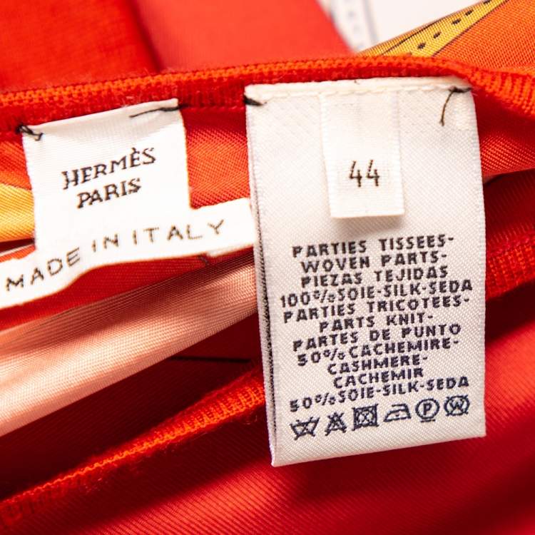 Pre Owned Hermes Burnt Orange Printed Silk & Knit Long Sleeve Top L