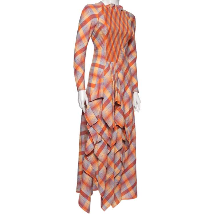 Pre Owned Hermes Orange Checkered Linen Asymmetric Ruffled Dress S 