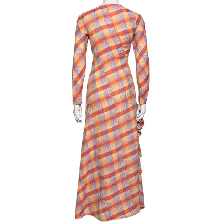 Pre Owned Hermes Orange Checkered Linen Asymmetric Ruffled Dress S 