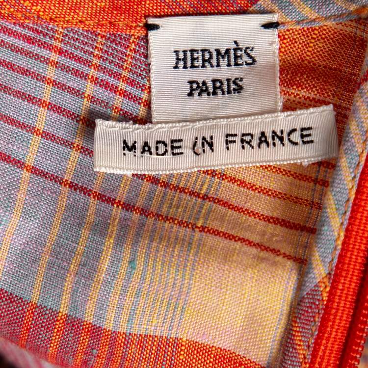 Pre Owned Hermes Orange Checkered Linen Asymmetric Ruffled Dress S 