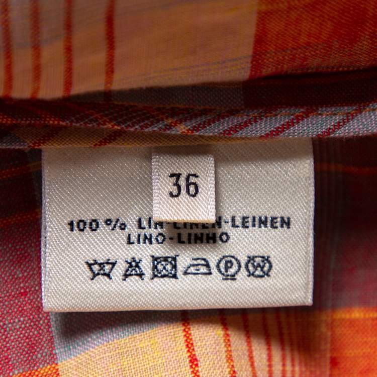 Pre Owned Hermes Orange Checkered Linen Asymmetric Ruffled Dress S 