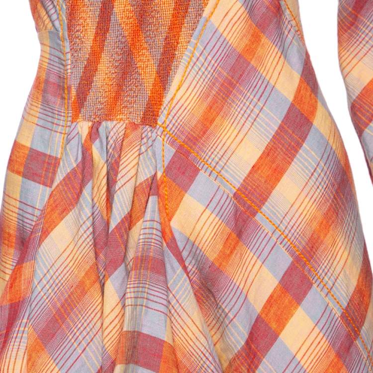 Pre Owned Hermes Orange Checkered Linen Asymmetric Ruffled Dress S 