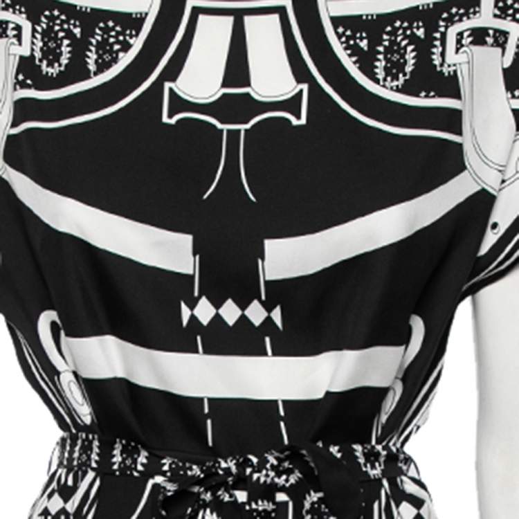 Pre Owned Hermes Black Printed Silk Belted Dress M