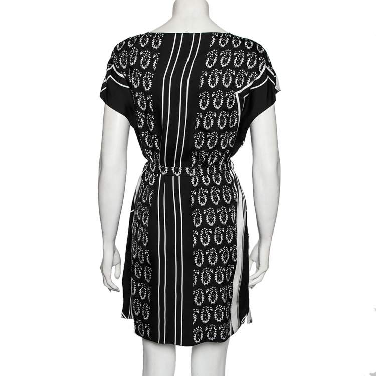 Pre Owned Hermes Black Printed Silk Belted Dress M