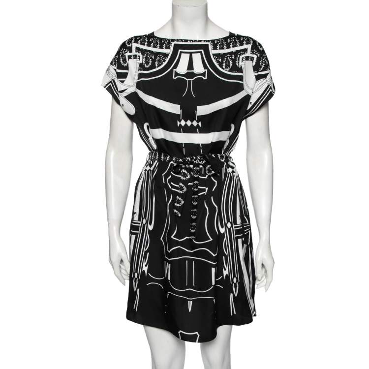 Pre Owned Hermes Black Printed Silk Belted Dress M