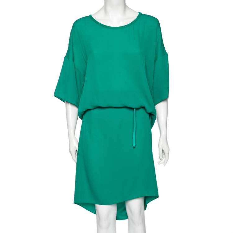 Pre Owned Hermes Green Silk Belted Shift Dress M