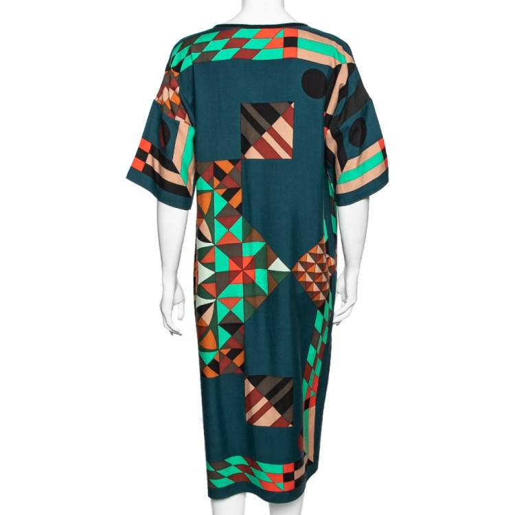 Pre Owned Hermes Teal Blue Geometric Printed Cashmere Dress M