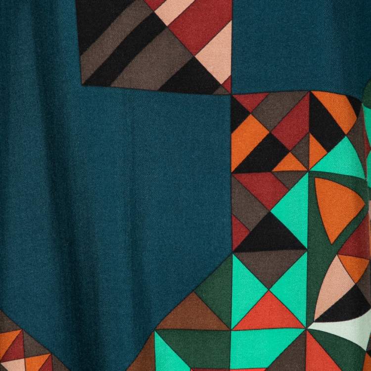 Pre Owned Hermes Teal Blue Geometric Printed Cashmere Dress M