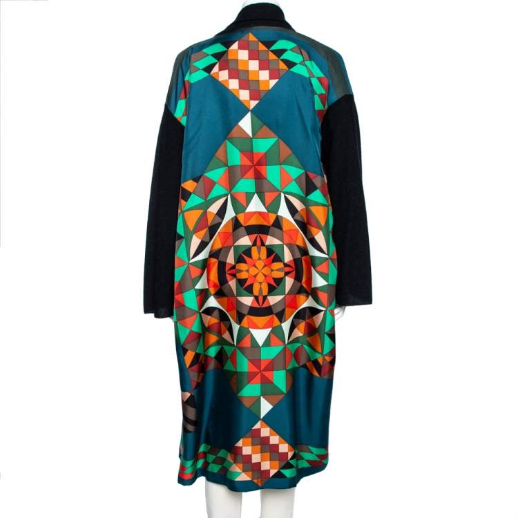 Pre Owned Hermes Multicolor Printed Silk & Knit Open Front Cardigan M