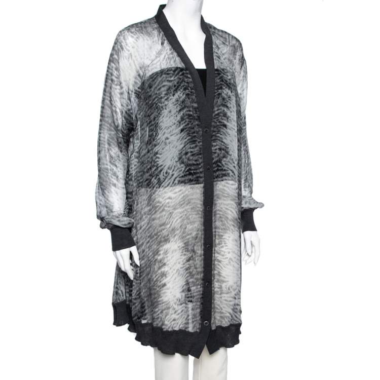 Pre Owned Hermes Grey Printed Silk & Wool Trimmed Button Front Long Cardigan M