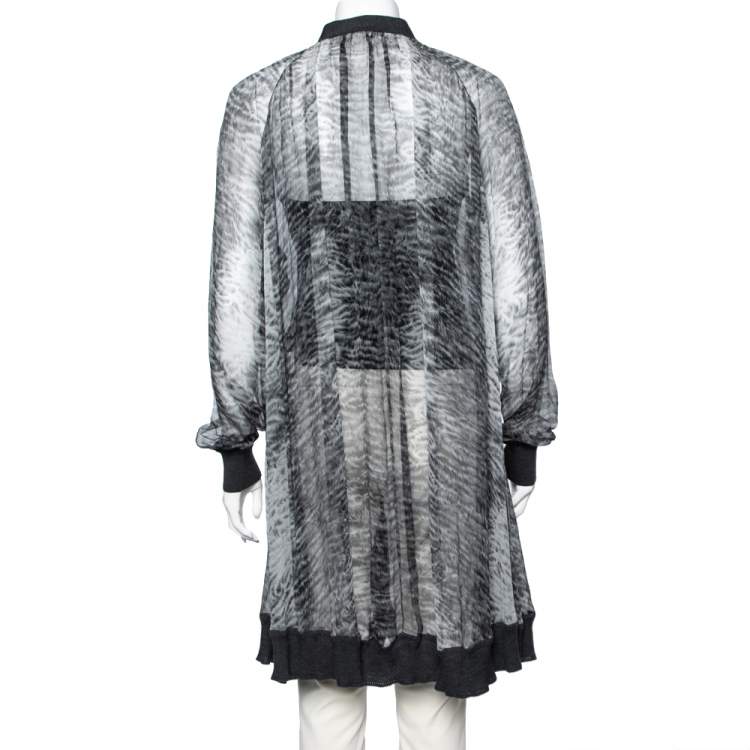 Pre Owned Hermes Grey Printed Silk & Wool Trimmed Button Front Long Cardigan M