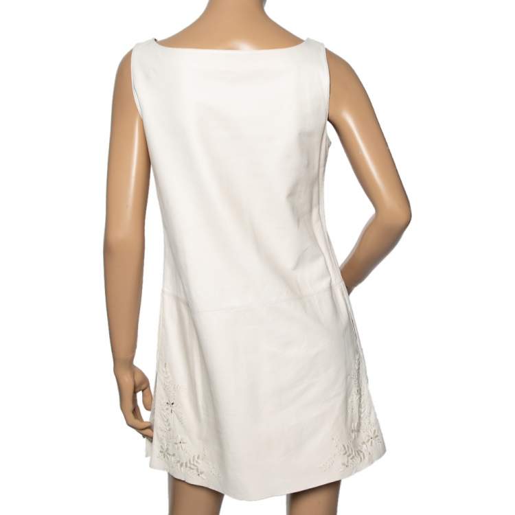 Pre Owned Hermes Cream Leather Floral Embroidered Sleeveless Mini Dress M