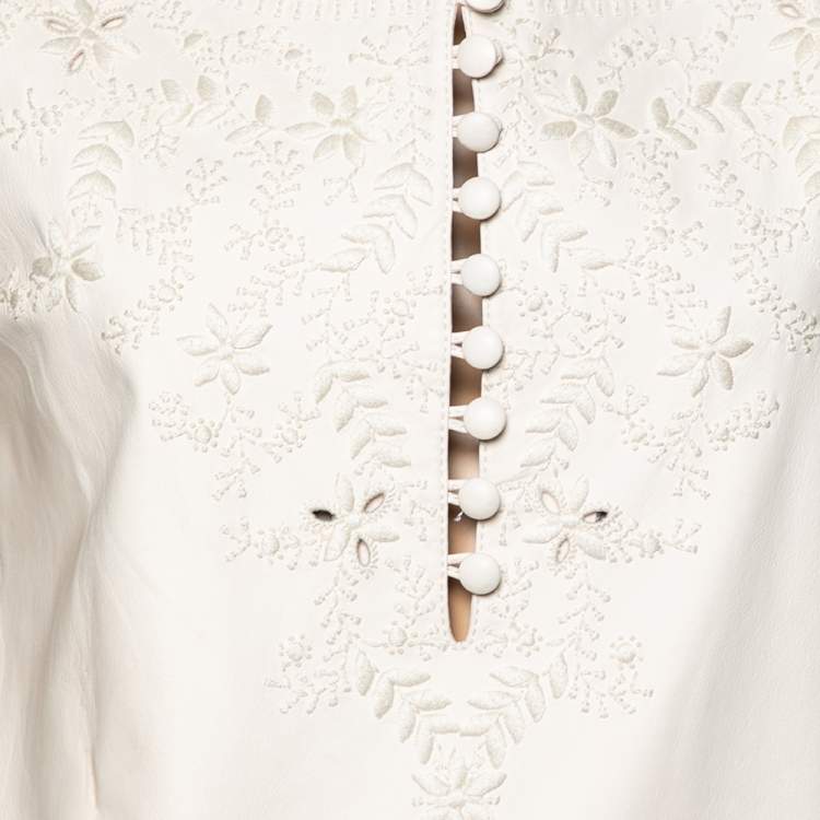 Pre Owned Hermes Cream Leather Floral Embroidered Sleeveless Mini Dress M