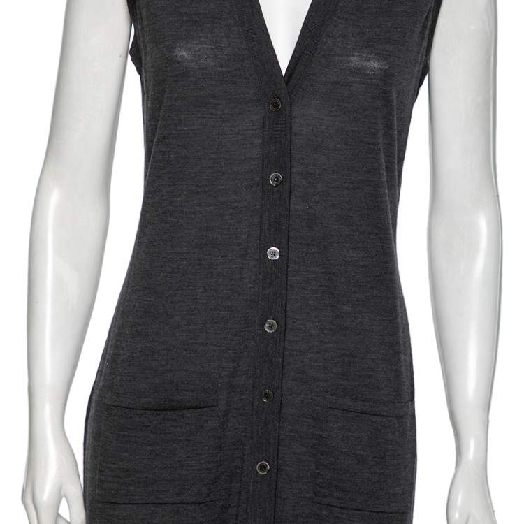 Pre Owned Hermes Charcoal Grey Wool Sleeveless Button Front Long cardigan M