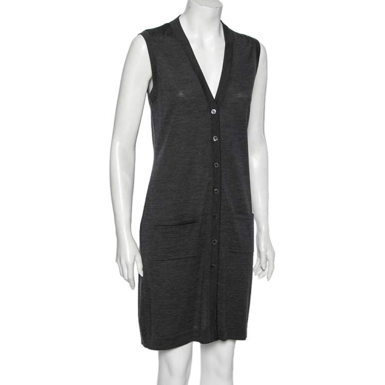 Pre Owned Hermes Charcoal Grey Wool Sleeveless Button Front Long cardigan M