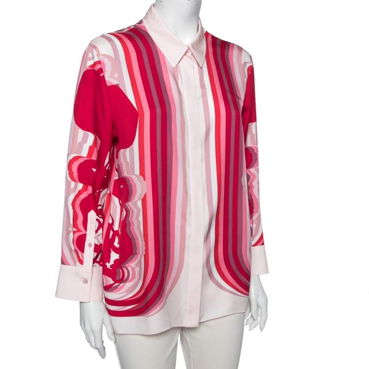 Pre Owned Hermes Pink Brides De Gala Printed Silk Button Front Shirt L