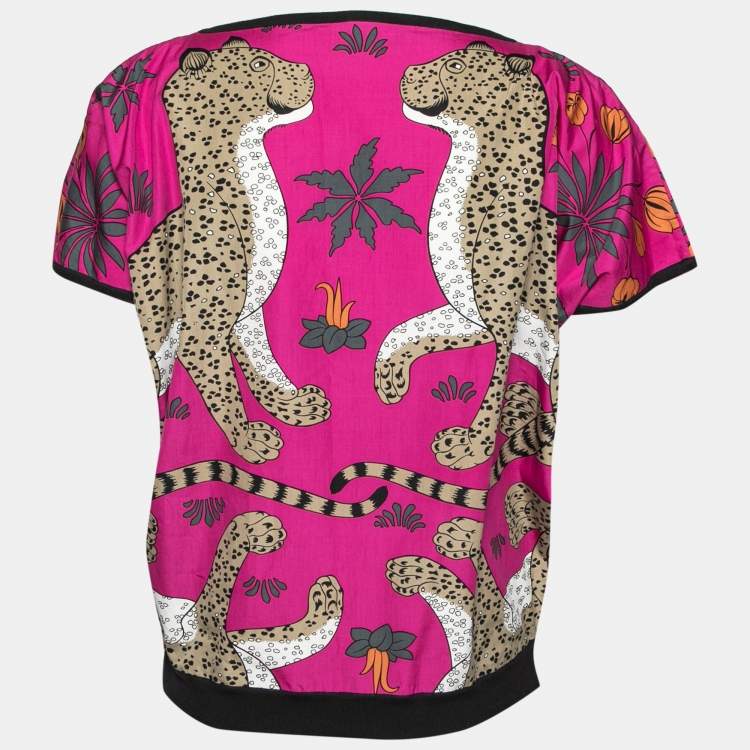 Pre Owned Hermes Purple Printed Cotton & Rib Knit Trimmed Oversized Top S