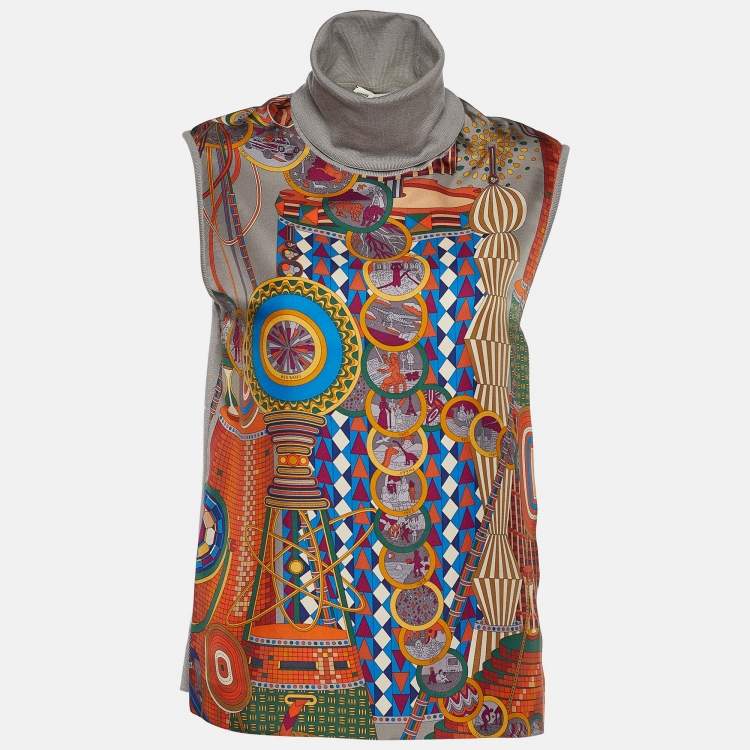 Pre Owned Hermès Grey La Laboratoire du Temps Silk Sleeveless Turtleneck Top M