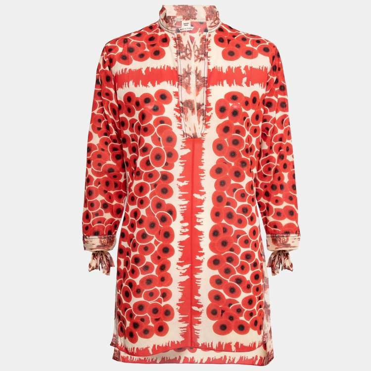 Pre Owned Hermes Red Printed Cotton & Silk V-Neck Tunic M