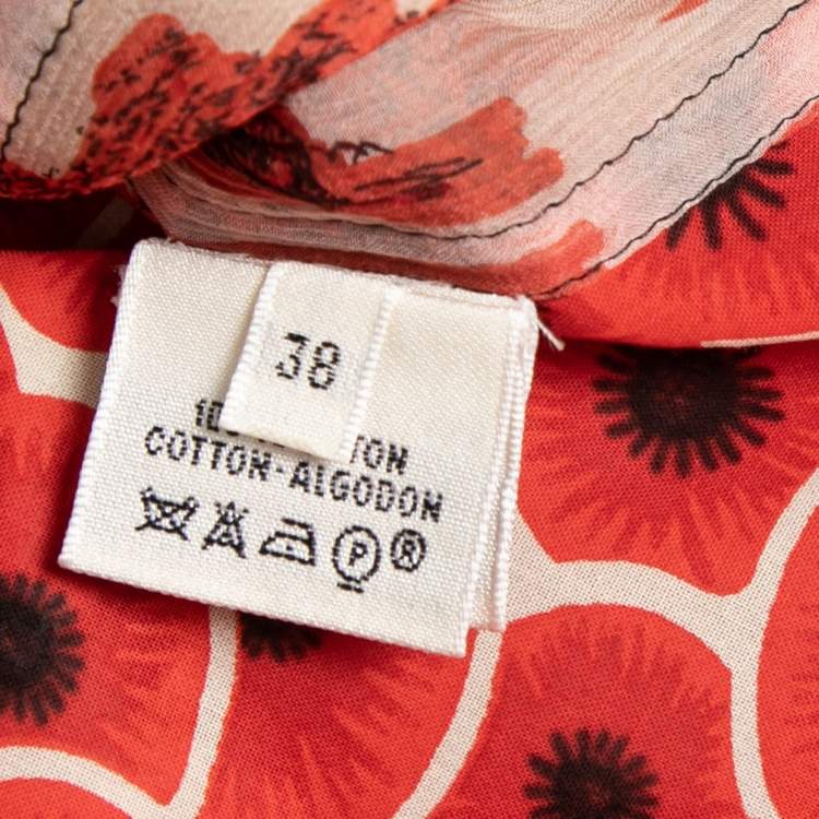 Pre Owned Hermes Red Printed Cotton & Silk V-Neck Tunic M