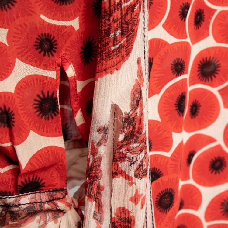 Pre Owned Hermes Red Printed Cotton & Silk V-Neck Tunic M