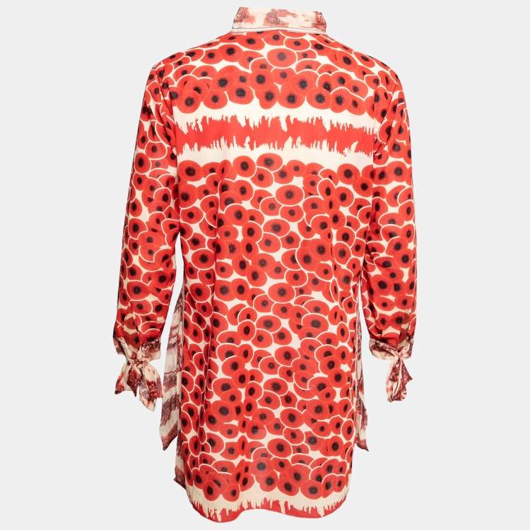 Pre Owned Hermes Red Printed Cotton & Silk V-Neck Tunic M