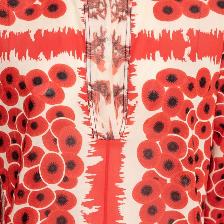 Pre Owned Hermes Red Printed Cotton & Silk V-Neck Tunic M