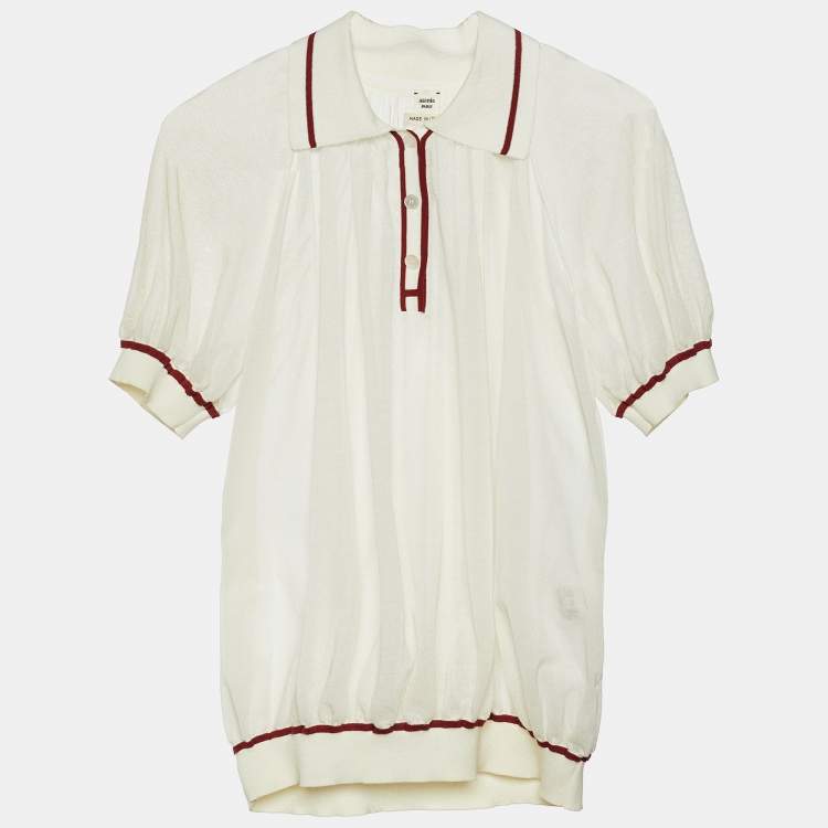 Pre Owned Hermes Ivory Cotton Knit Sheer Polo Top S