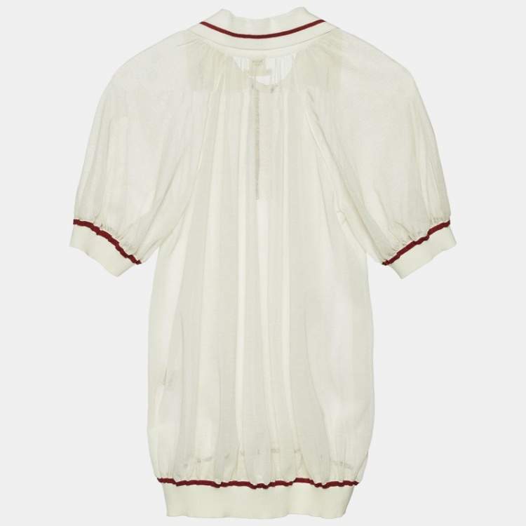 Pre Owned Hermes Ivory Cotton Knit Sheer Polo Top S