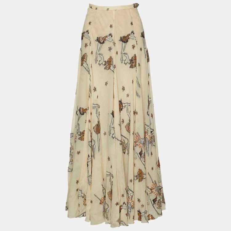 Pre Owned Hermes Beige Ballerina Lurex Jacquard Silk Maxi Skirt S