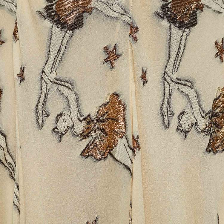Pre Owned Hermes Beige Ballerina Lurex Jacquard Silk Maxi Skirt S