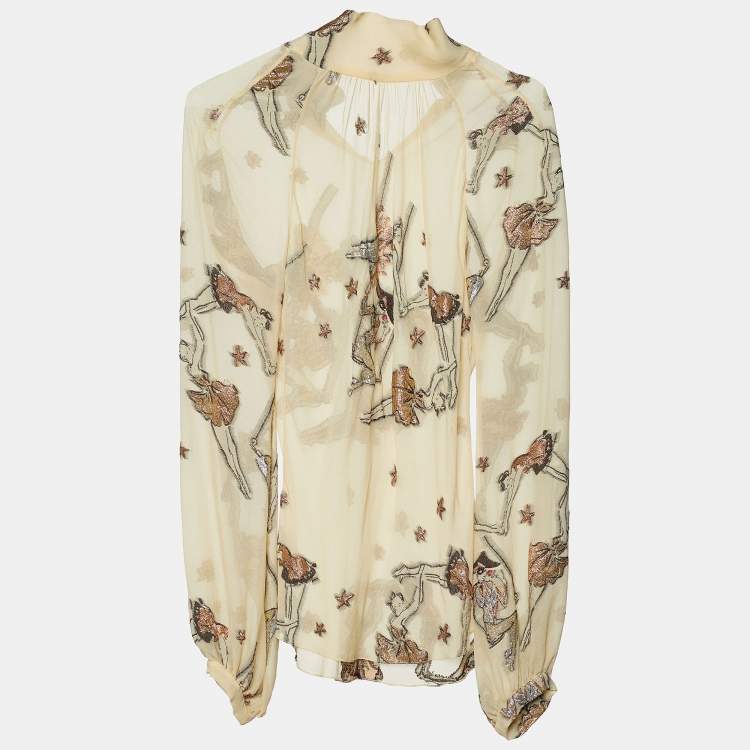 Pre Owned Hermes Beige Ballerina Jacquard Silk Long Sleeve Blouse S
