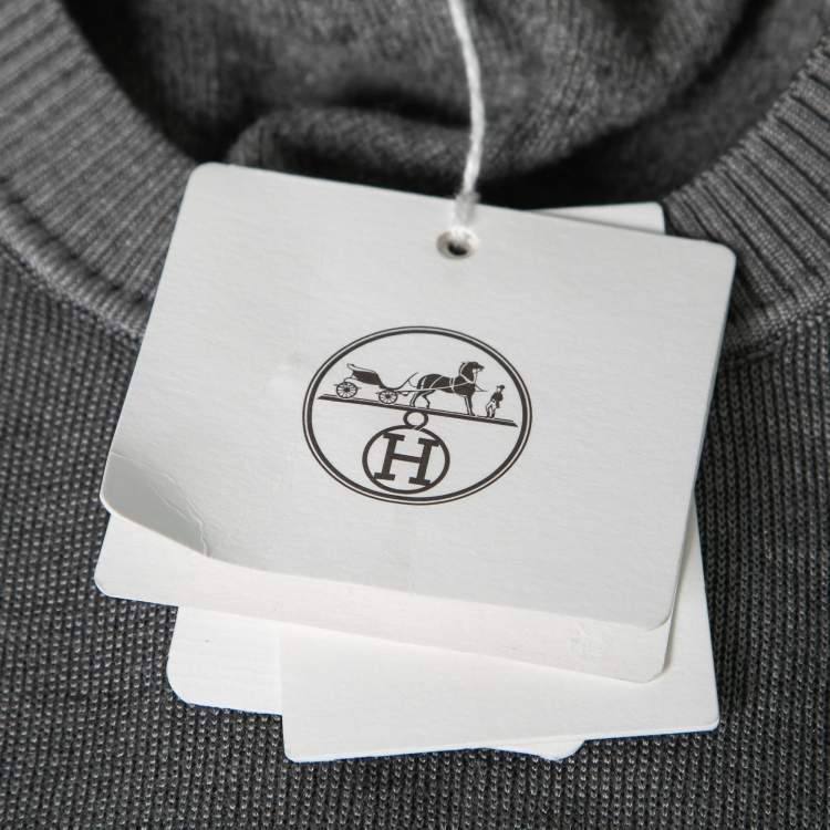 Pre Owned Hermes Grey Intarsia Knit Cashmere & Silk Crewneck Sweatshirt L