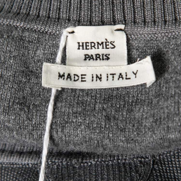 Pre Owned Hermes Grey Intarsia Knit Cashmere & Silk Crewneck Sweatshirt L