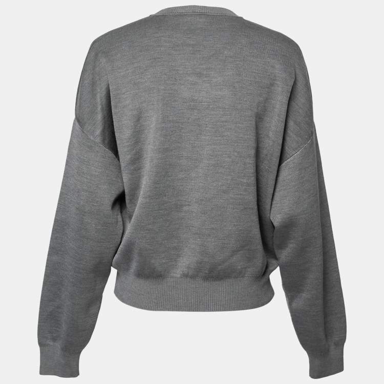 Pre Owned Hermes Grey Intarsia Knit Cashmere & Silk Crewneck Sweatshirt L