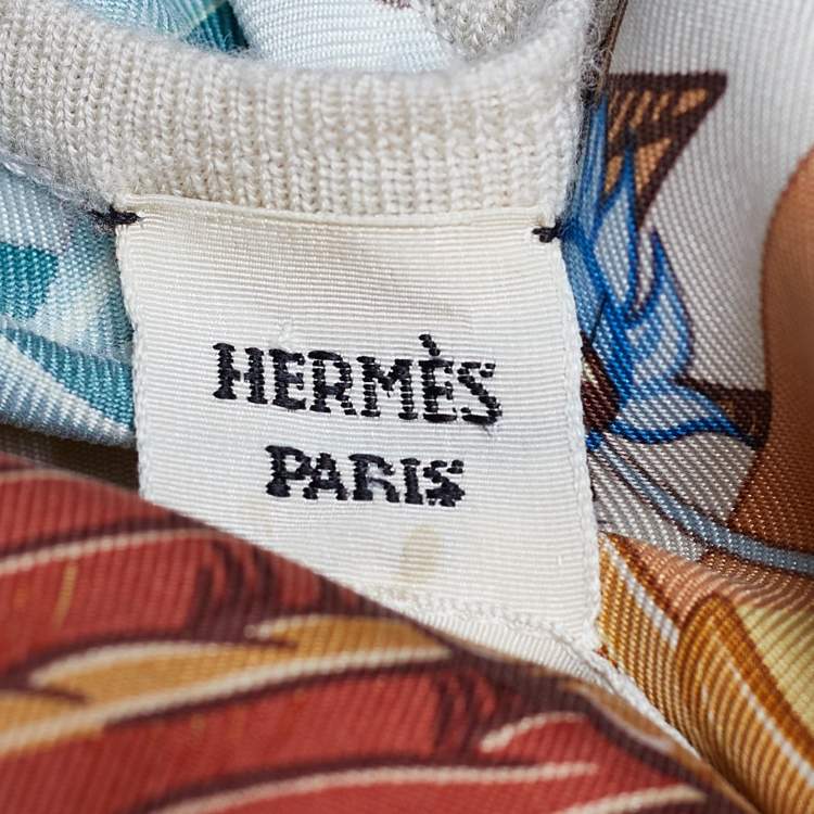 Pre Owned Hermes Cream Mythiques Phoenix Print Silk & Wool Knit Shift Dress M