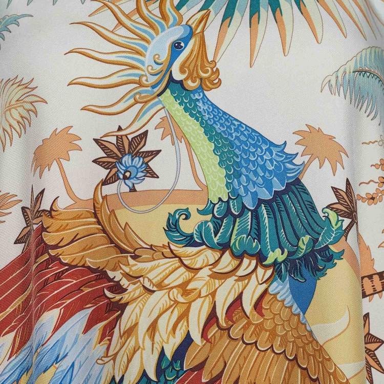 Pre Owned Hermes Cream Mythiques Phoenix Print Silk & Wool Knit Shift Dress M