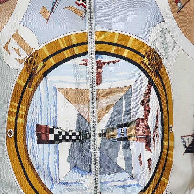 Pre Owned Hermes Blu Sailboat & Lighthouse Printed Silk & Cotton Reversible Jacket M