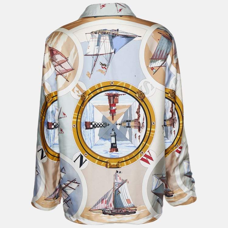 Pre Owned Hermes Blu Sailboat & Lighthouse Printed Silk & Cotton Reversible Jacket M