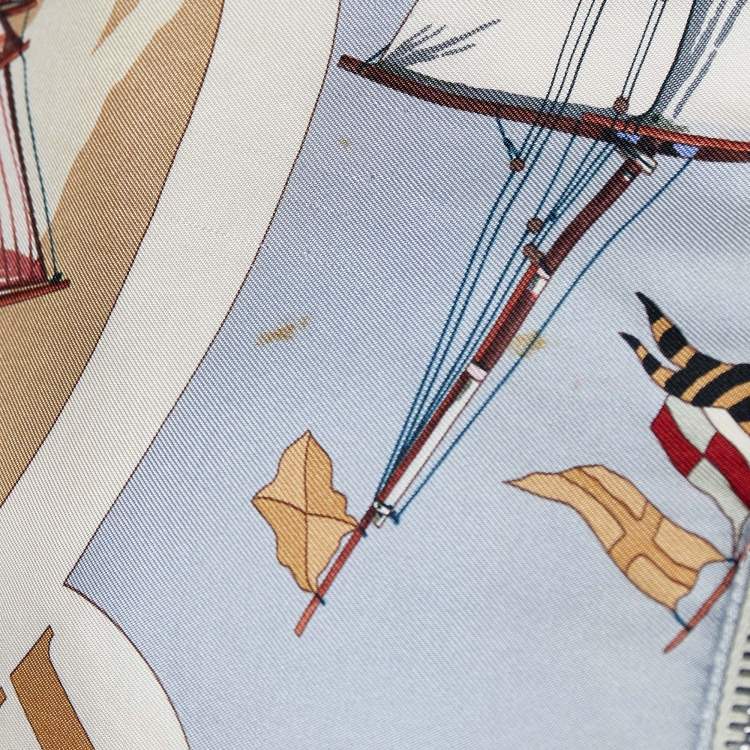 Pre Owned Hermes Blu Sailboat & Lighthouse Printed Silk & Cotton Reversible Jacket M