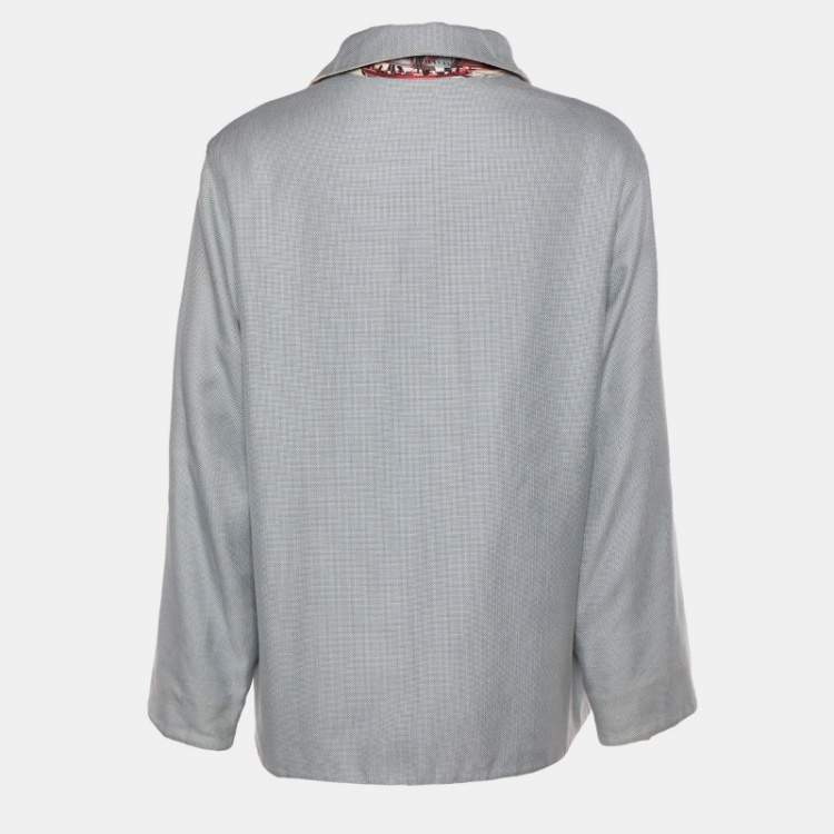 Pre Owned Hermes Blu Sailboat & Lighthouse Printed Silk & Cotton Reversible Jacket M