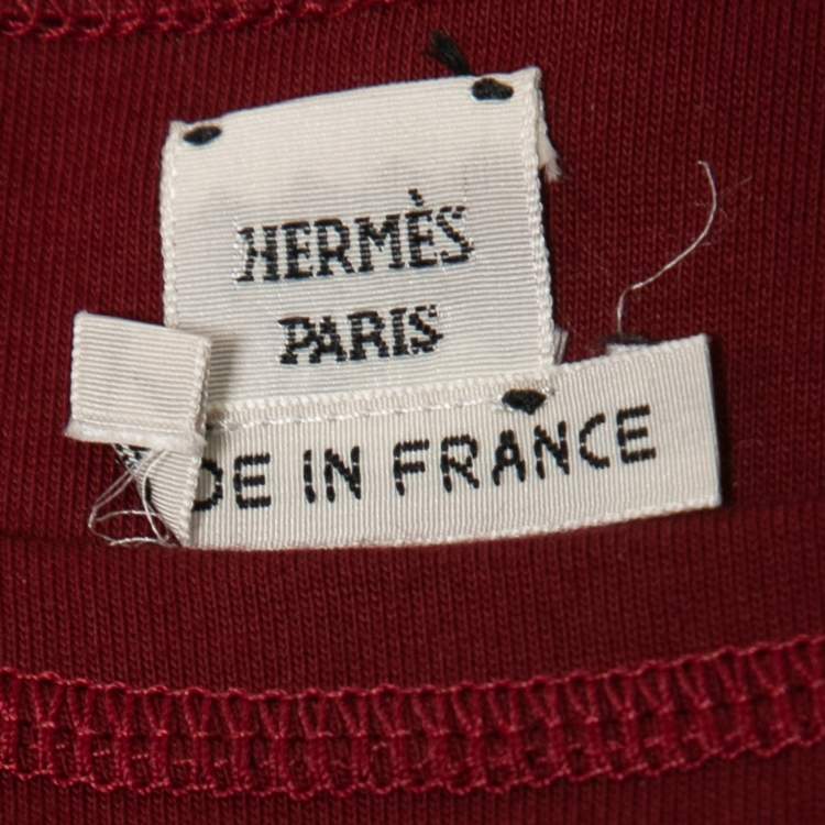 Pre Owned Hermes Burgundy Cotton Embroidered Pocket T-Shirt M