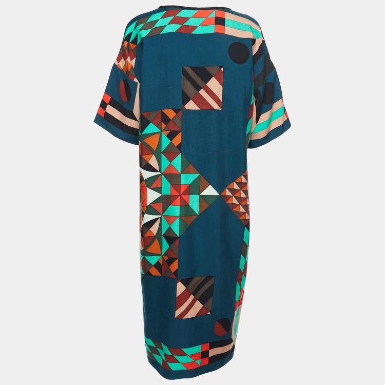 Pre Owned Hermes Teal Blue Geometric Print Cashmere & Silk Dress M