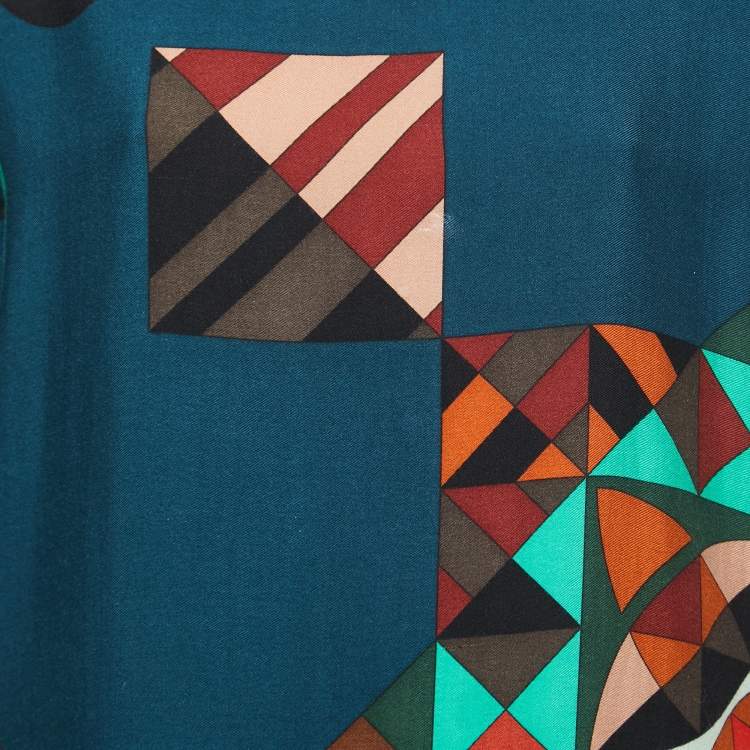 Pre Owned Hermes Teal Blue Geometric Print Cashmere & Silk Dress M