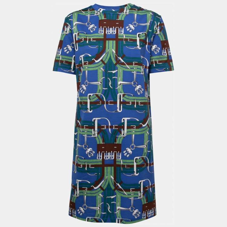 Pre Owned Hermes Blue Printed Cotton T-Shirt Dress M